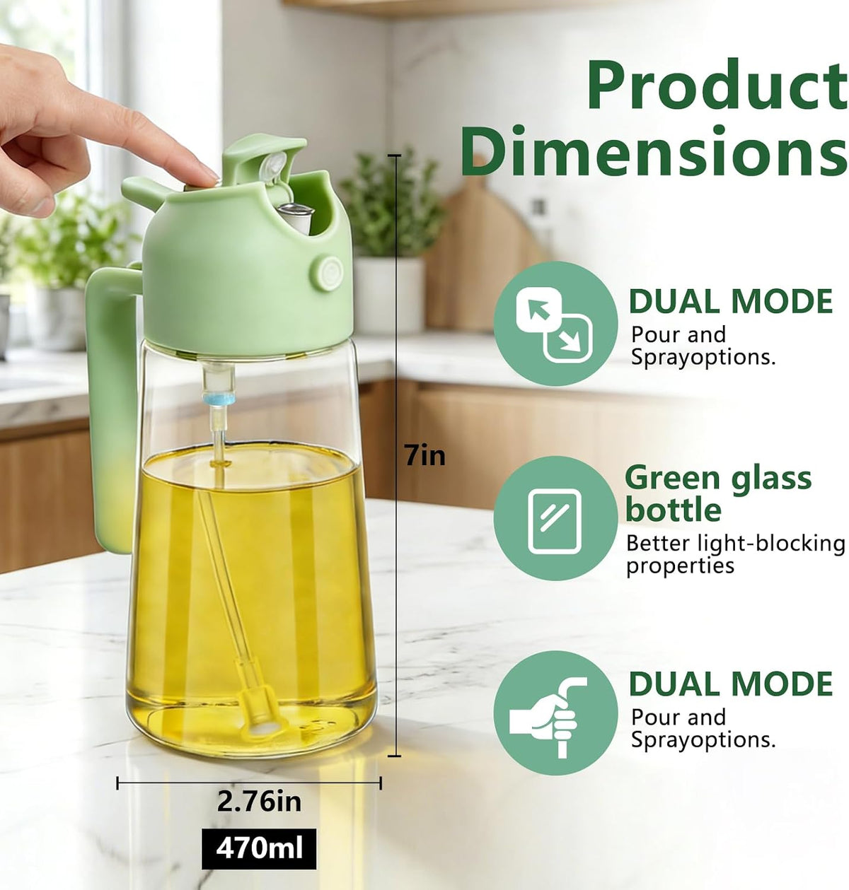 2 in 1 Olive Oil Spray for Cooking, 470ml/16oz Oil Dispenser for Kitchen and Home
