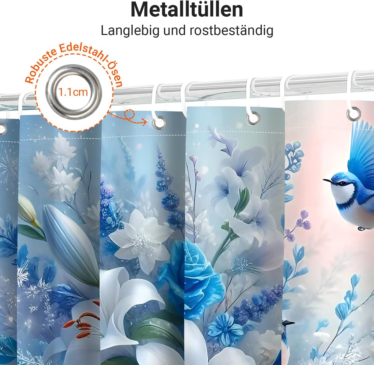 Blue Bird Shower Curtain, Weighted Hem, Anti-Mould, Water-Repellent, Washable with 12 Eyelets & Curtain Rings