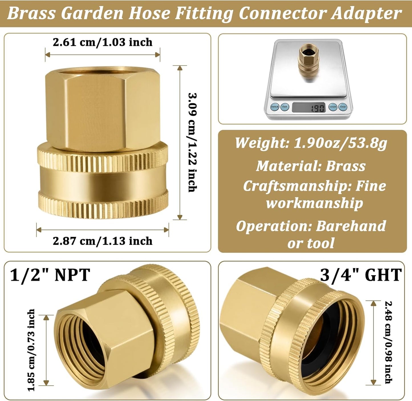 2 Pack Brass Garden Hose Adapter, Female to Female Hose Adapter Connector