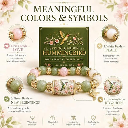 Limited Edition Hummingbird Floral Stone Bracelet, Mixed Rose Quartz & Green Aventurine Beads With 3D Hummingbird Charm