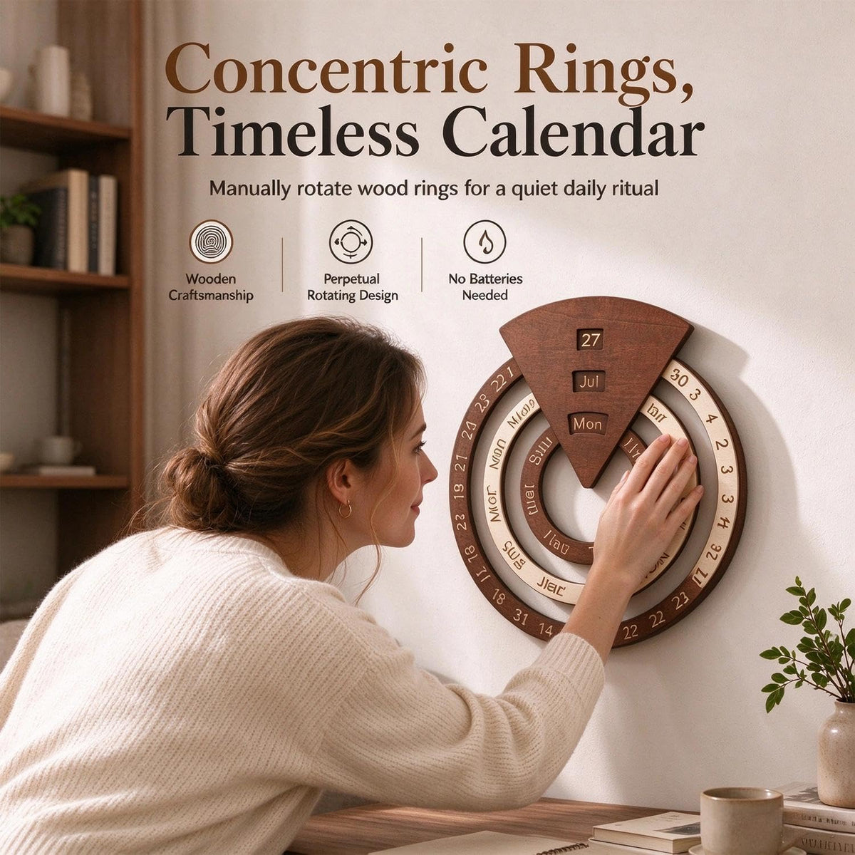 Wooden Perpetual Calendar – Rotating Wall Calendar, Manual Rotating Ring Date Month Day Tracker