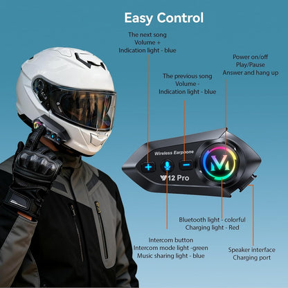 Y12Pro Motorcycle Intercom Helmet Bluetooth 5.4 Headset with 2-in-1 Mic IP56 Waterproof