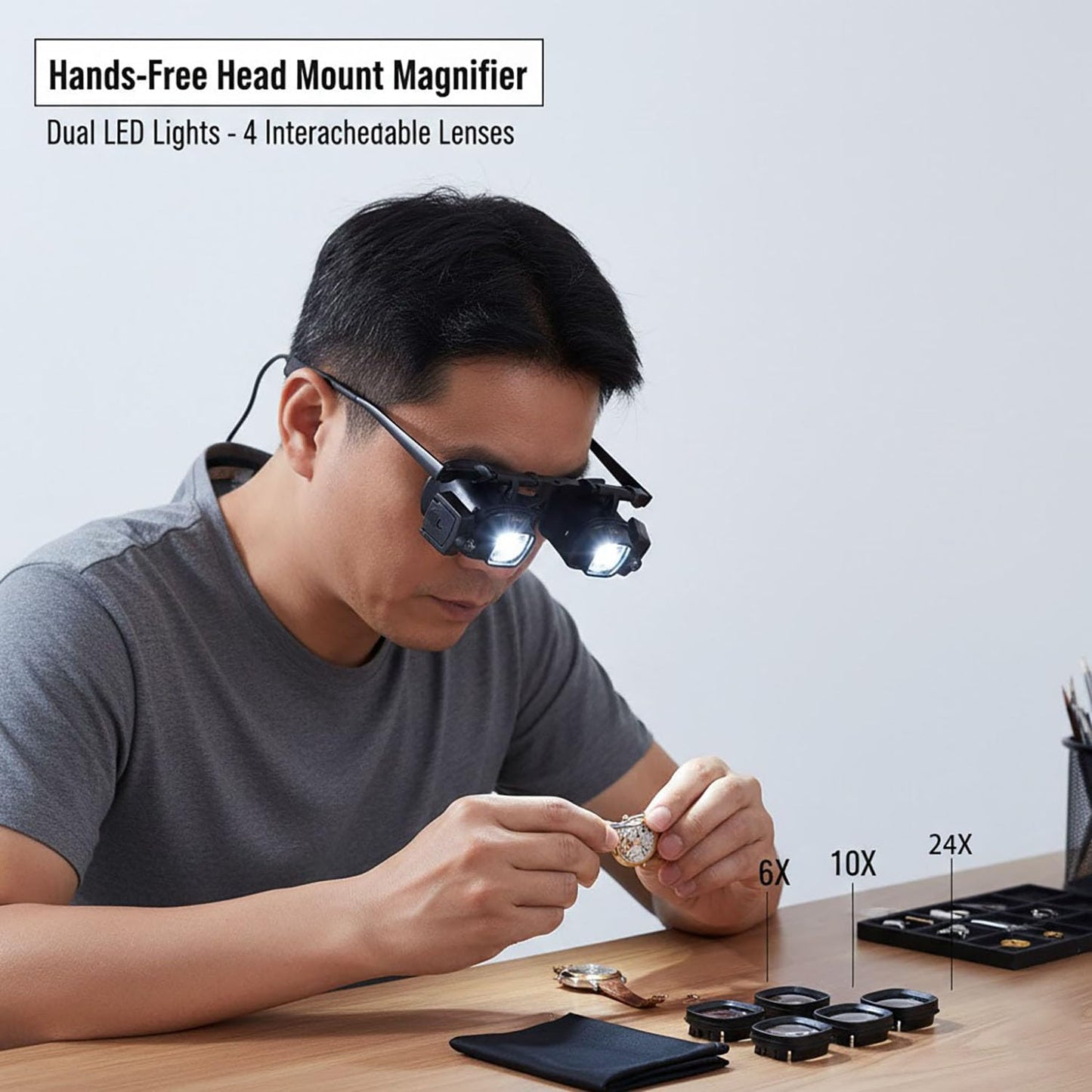 24X Headband Magnifying Glasses with 2 LED Lights4 Sets of Interchangeable Lenses (2X, 6X, 10X, 24X)