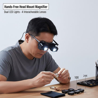 24X Headband Magnifying Glasses with 2 LED Lights4 Sets of Interchangeable Lenses (2X, 6X, 10X, 24X)