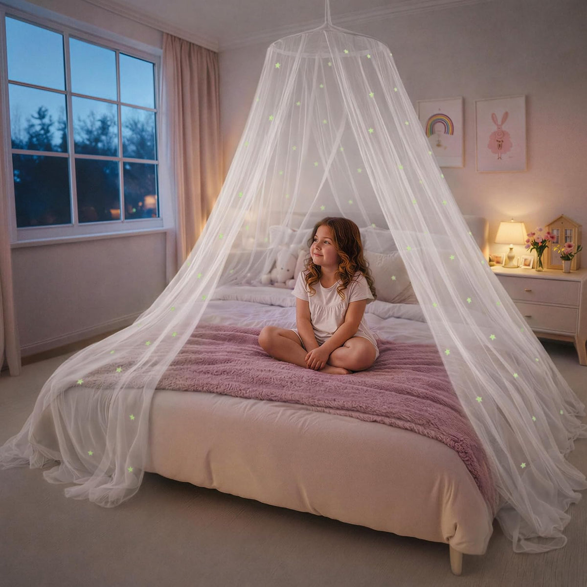 Pink Princess Bed Canopy for Girls with Glowing Stars