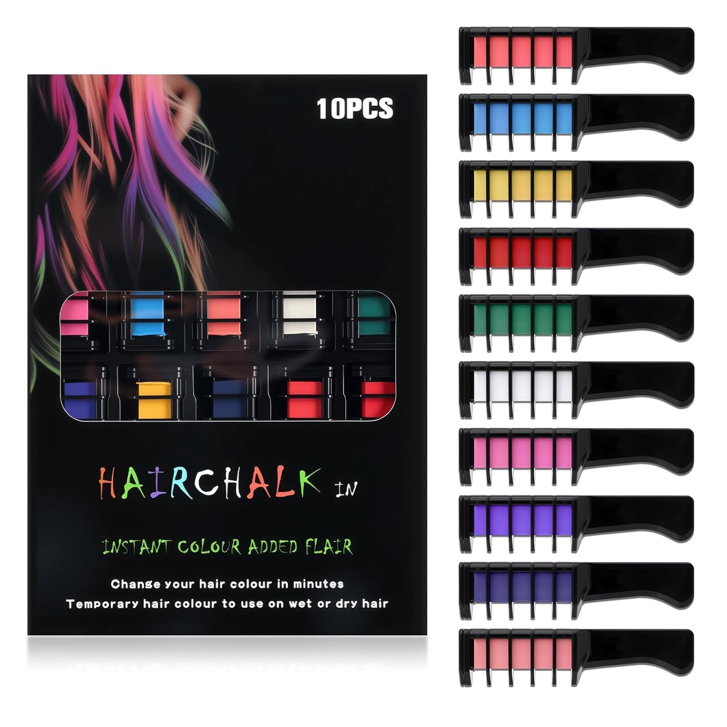 10 Colors Festive Fun Hair Chalk Combs, New Hair Chalk Comb Temporary Hair Color Dye for All Ages