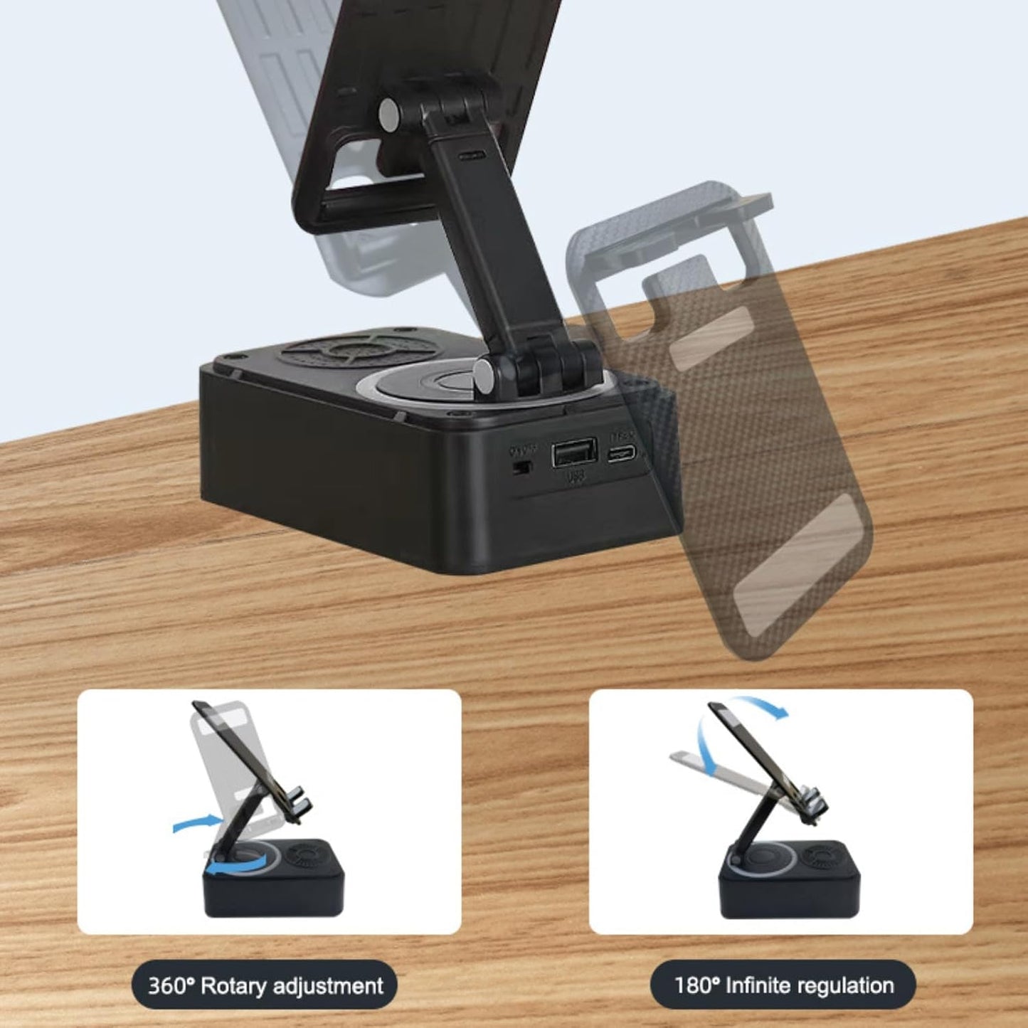 Cell Phone Stand with Wireless Bluetooth Speaker Equipped with Non-Slip Base and Convenient Charging Port