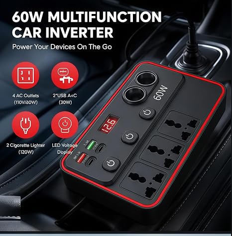 Multifunctional Car Charger with AC Outlets & USB - Inverter for Car 12/24V to 220V Fast Charging Converter
