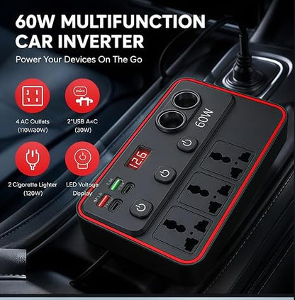 Multifunctional Car Charger with AC Outlets & USB - Inverter for Car 12/24V to 220V Fast Charging Converter