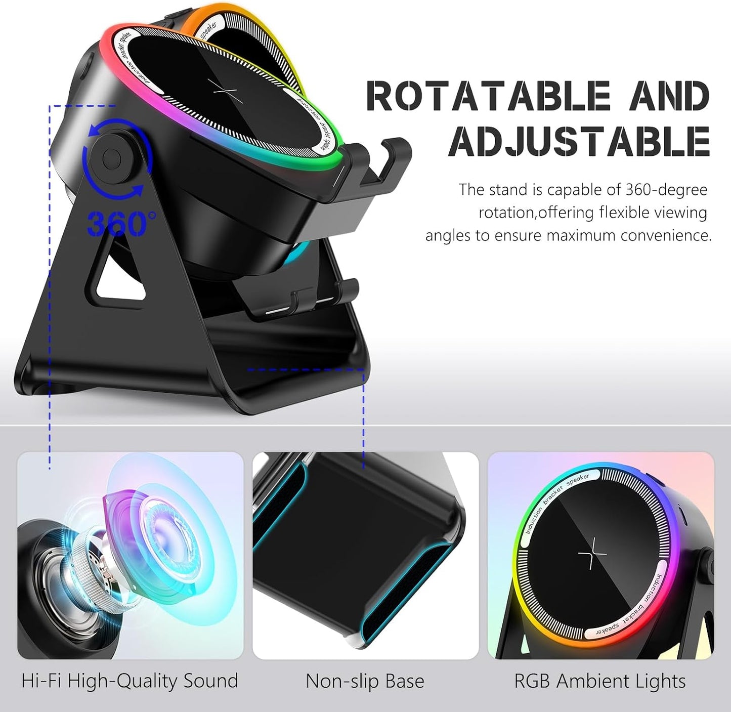 5-in-1 Bluetooth Speaker with Wireless Induction & Phone Holder, 5000mAh Battery, RGB Ambient Light