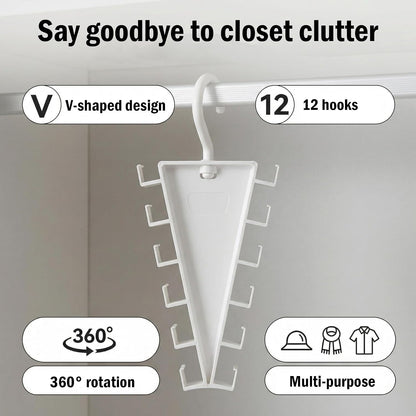  4Pcs V-Shaped Double-Sided Closet Hanger, 12 Hooks Rotating Organizer for Hats Scarves Belts