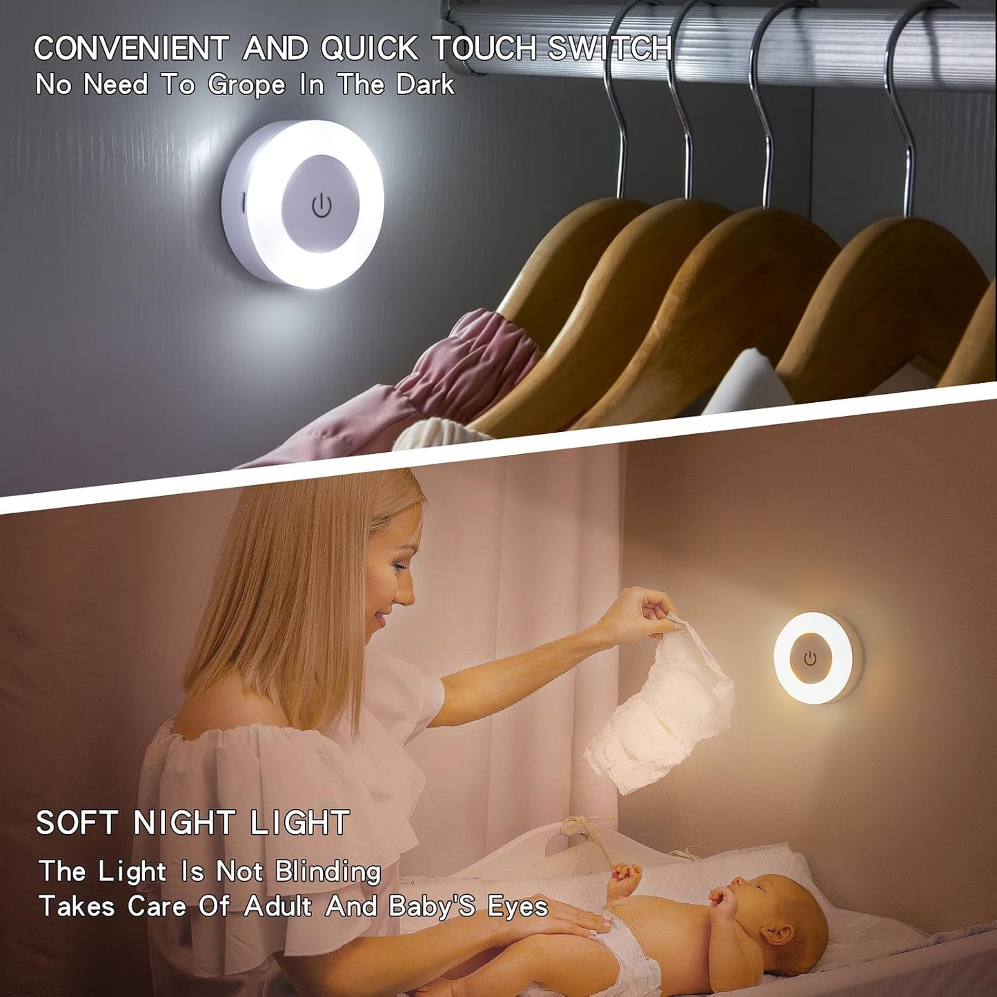 2PCS Night Light Bright LED Lamp, 3 Colors Dimmable Rechargeable Wireless Stick