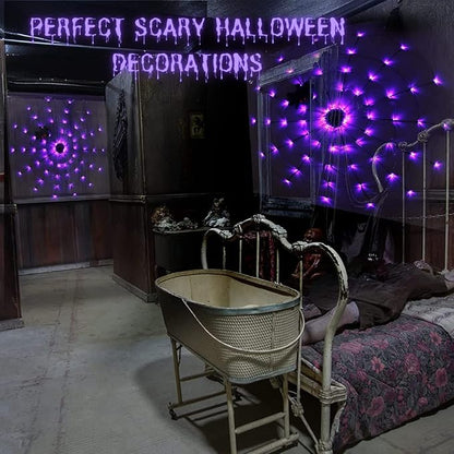 Halloween Decorations Spider Web Lights - 4FT Diameter 70 LEDs with Black Spider, Remote Control