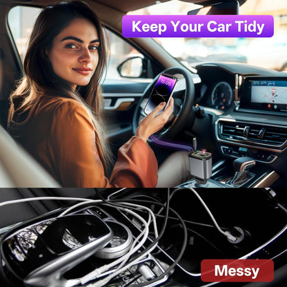 Retractable Car Charger, 4-in-1 Fast Charger with USB-C & USB-A | Red Starry Sky Light