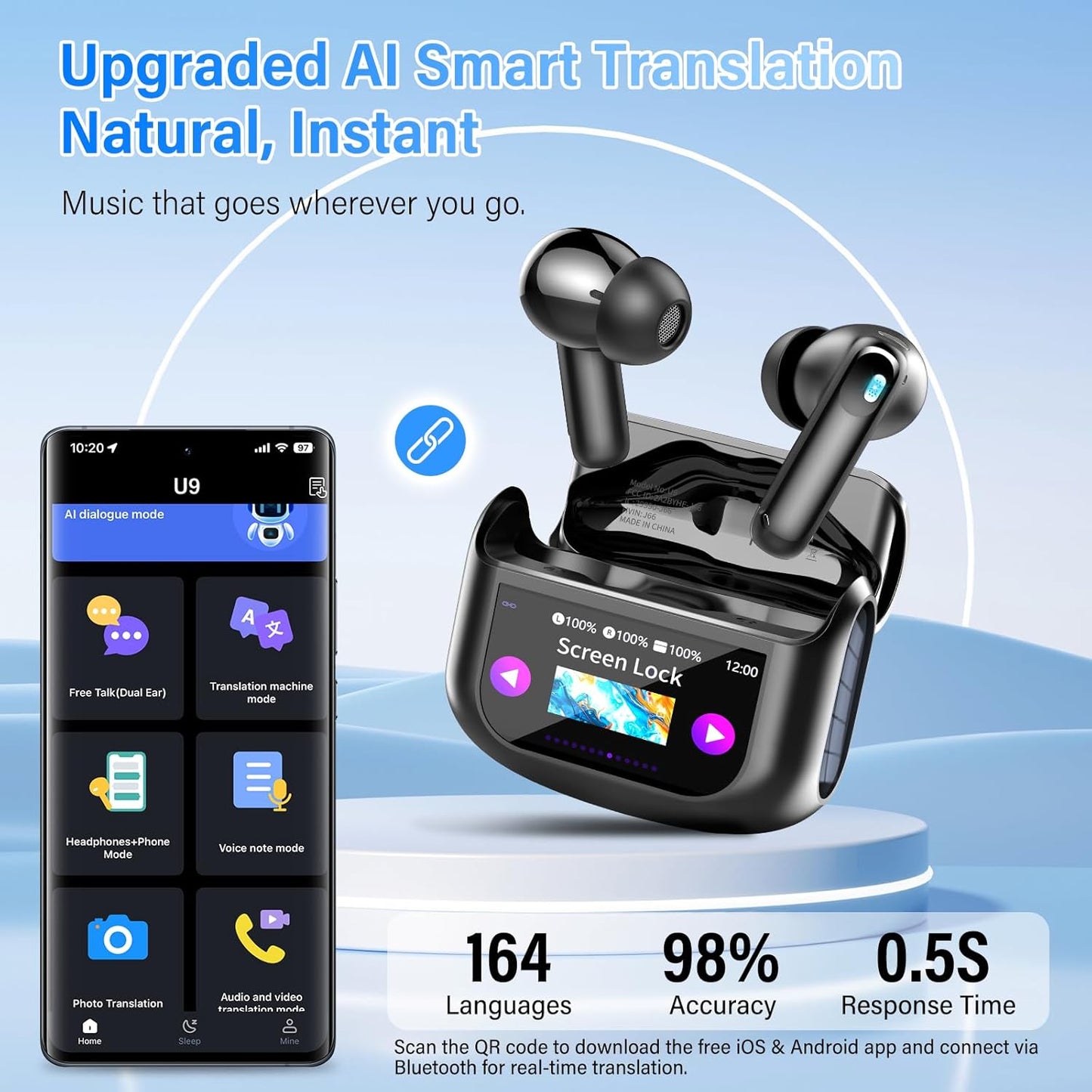 Wireless Bluetooth 5.4 Earbuds with ANC,AI Translation Earbuds Real Time,Headphones with Microphone