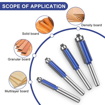 4 Piece Dual Bearing Flush Trim Router Bit Set, 1/4 Inch Shank Edge Trimming Tool for Woodworking, Deburring & Polishing