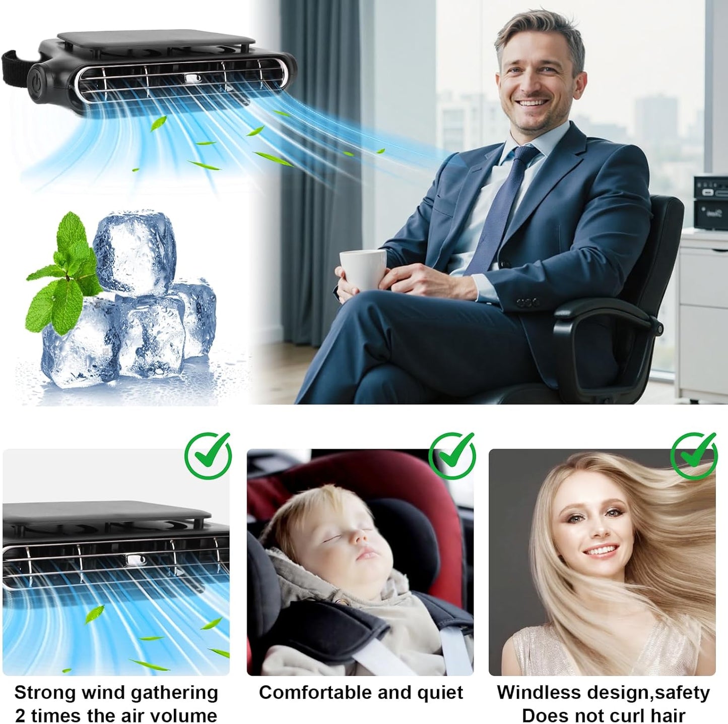 Wireless Car Backseat Fan with 3 Speeds, Portable Ventilation Unit, 3000mAh Rechargeable Battery