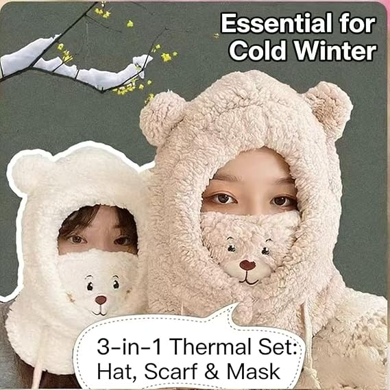 Kawaii Bear Ear Beanie Scarf, Super Soft Furry Double Layer Neck Warmer & Hat