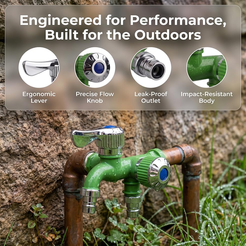 Outdoor Garden Water Faucet,1 Inlet 2 Outlet Valve Faucet Water Hose Outlet Hose Valve