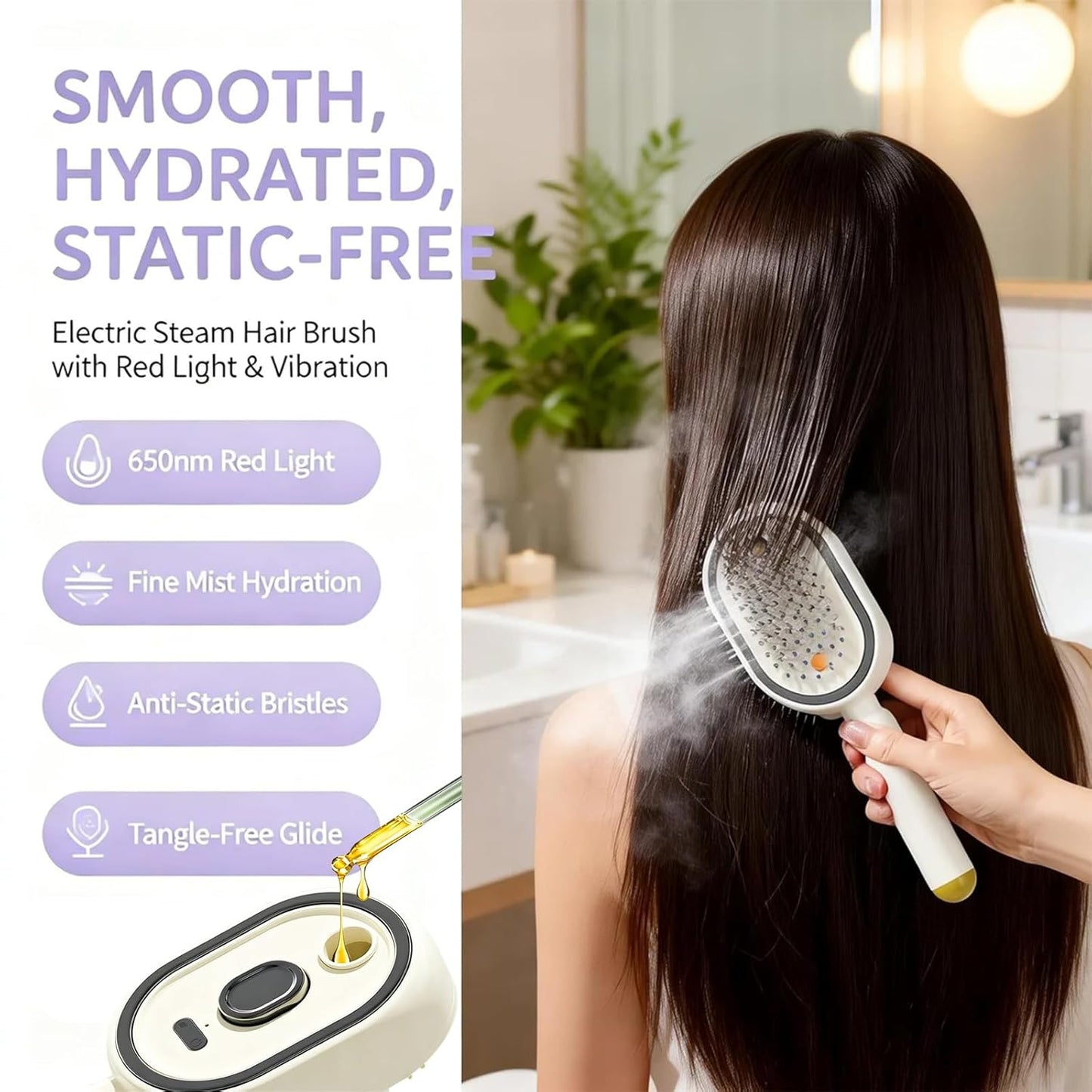 Electric Steam Brush for Hair, Portable Cordless Rechargeable Red Light Brushs with Detangling Comb