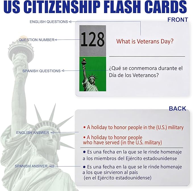 US Citizenship Flash Cards 2026, Bilingual English/Spanish 128 Civics Questions and Answers Test Flashcards