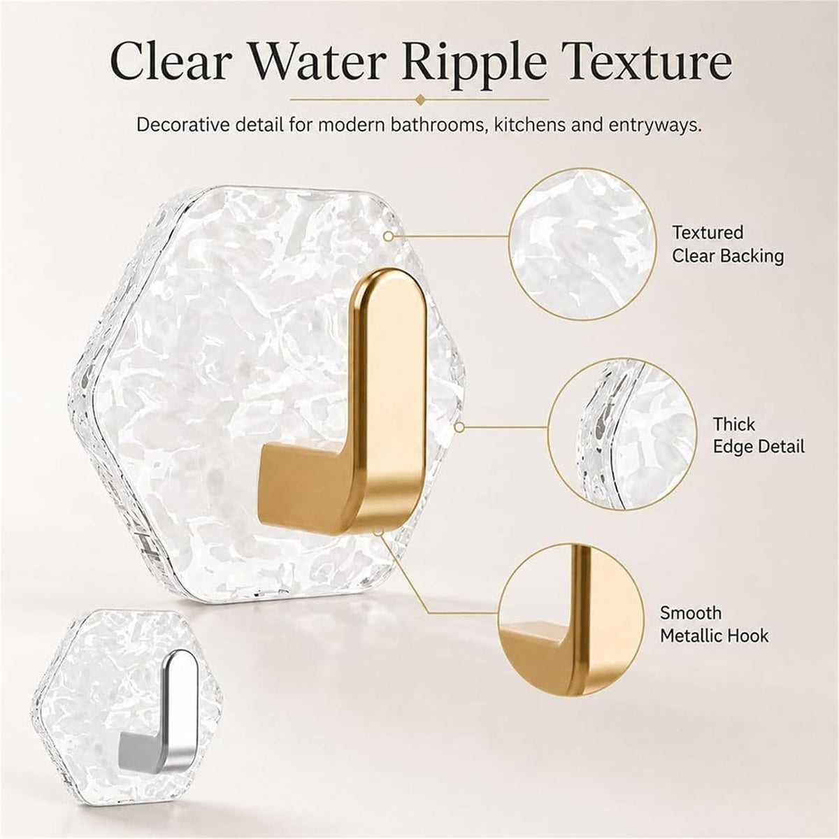 5PCS Self Adhesive Hooks, Water Ripple Hexagonal Heavy Duty Adhesive Wall Hooks for Hanging
