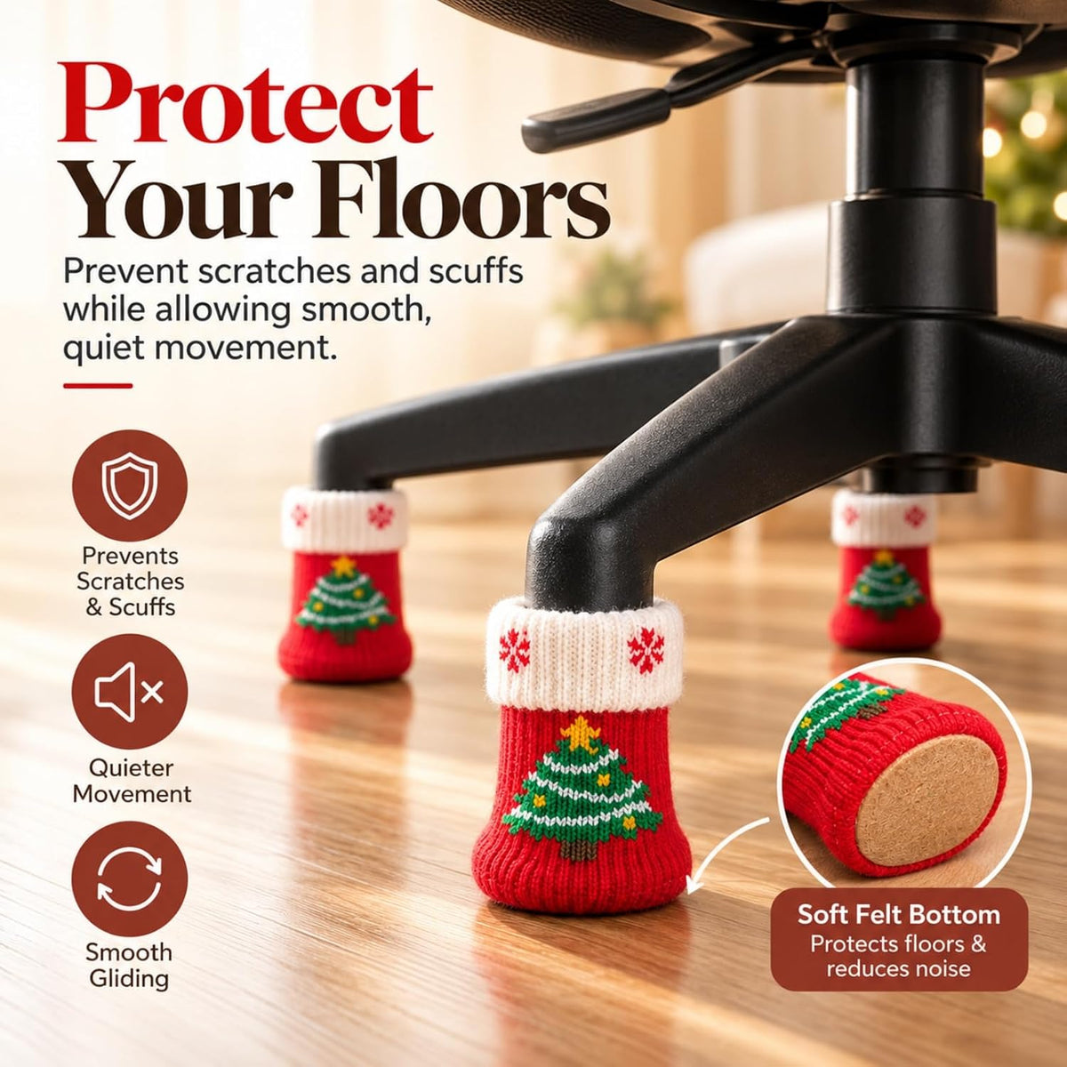 8Pcs Christmas Chair Leg Socks with Felt Pads, Floor Protectors