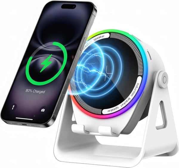 5-in-1 Bluetooth Speaker with Wireless Induction & Phone Holder, 5000mAh Battery, RGB Ambient Light