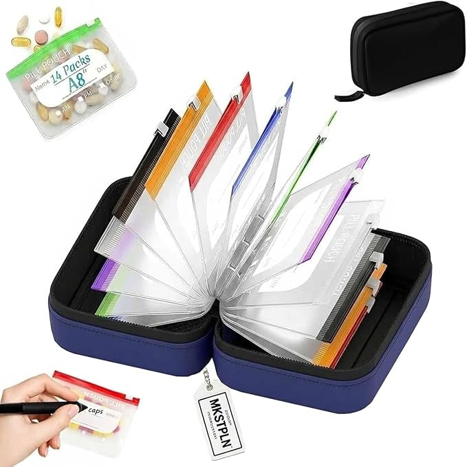 A8 Waterproof Pill Pouch Set with 14 Color-Coded Medicine Pouches