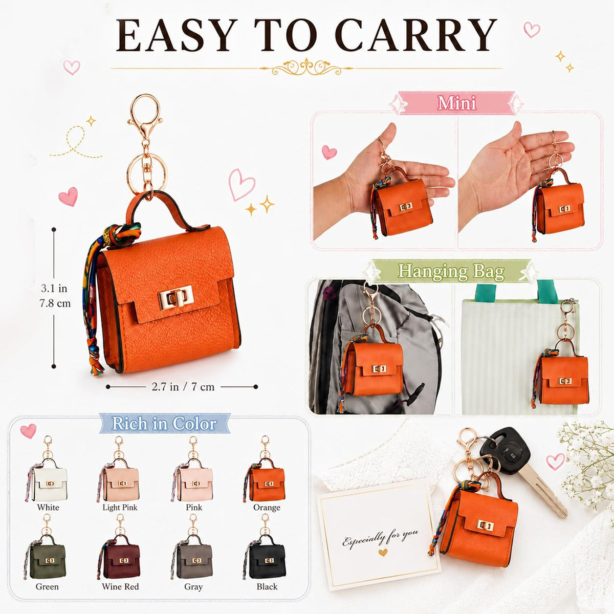 Mini Leather Square Bag Pendant Keychain with Colorful Strap
