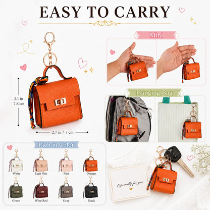 Mini Leather Square Bag Pendant Keychain with Colorful Strap