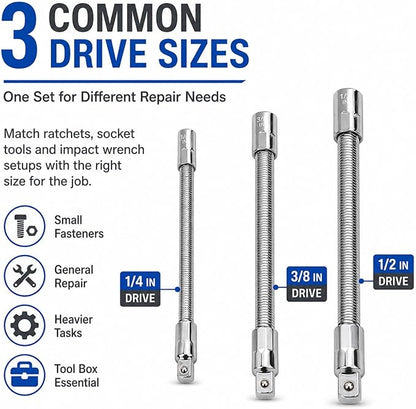 Flexible Socket Extension Bar Set, 360 Flex Rod for Impact 1/4 3/8 1/2 Inch Bendable Drive Extension Rods