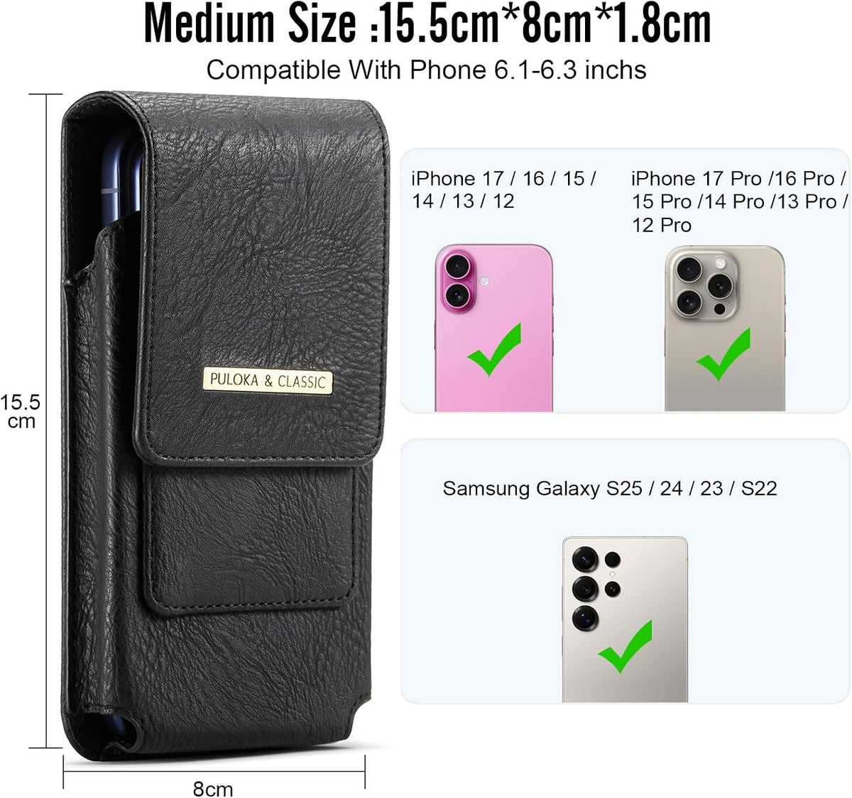 Men's Waist Phone Pouch with Card Slot, Magnetic Lock & Metal Belt Clip
