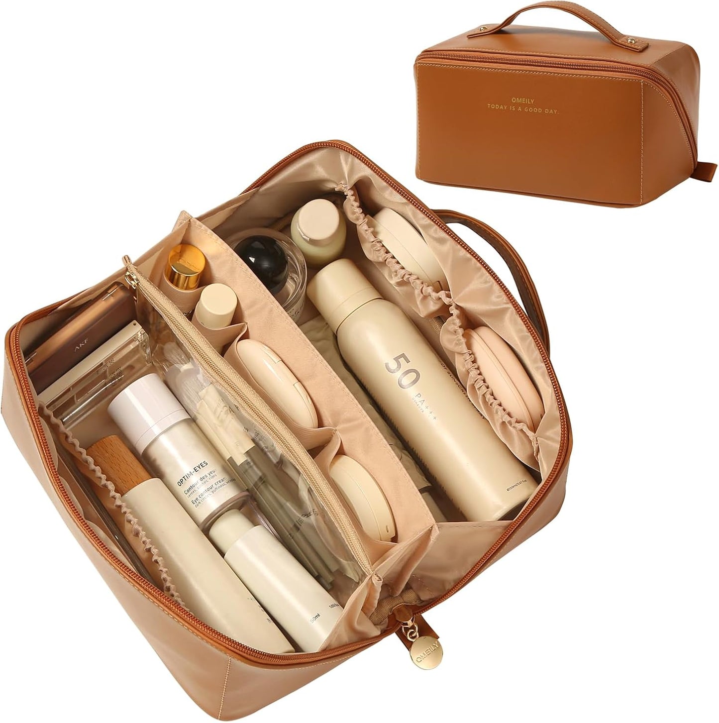Travel Makeup Bag, Large Capacity Cosmetic Bag for Women, Waterproof PU Leather