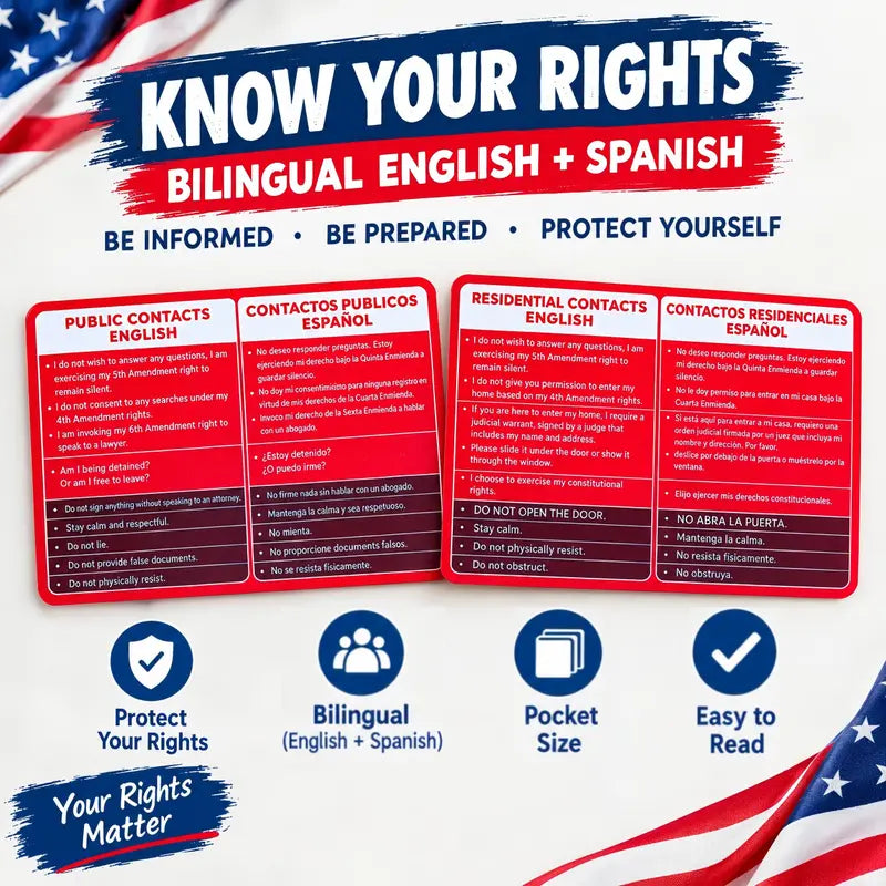 Know Your Rights Red Card, English Spanish Bilingual Immigration Pocket Card