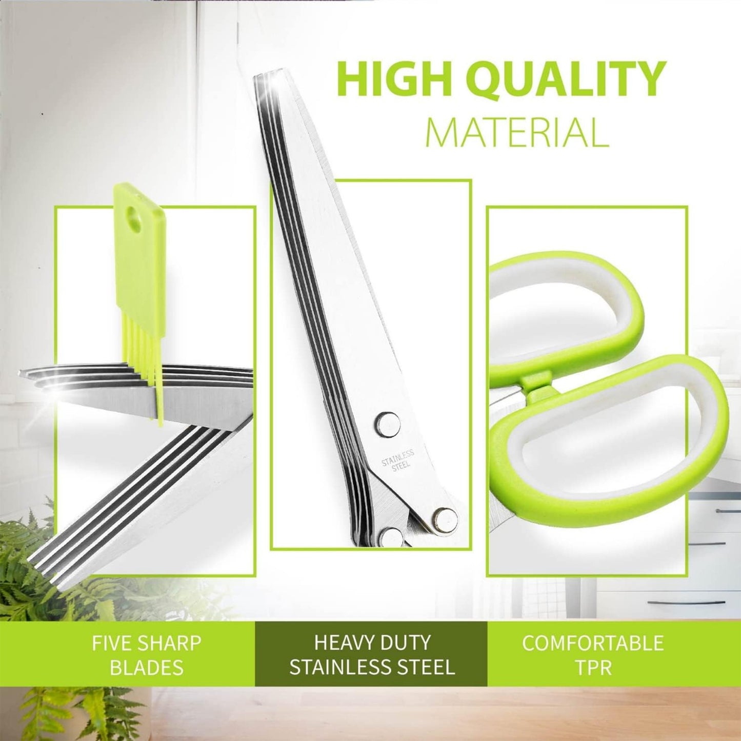 Scissors with 5 Blades & Cleaning Kit, Stainless Steel Kitchen Shears for Herbs, Lettuce, Cilantro, Dishwasher Safe, Soft-Grip Handle