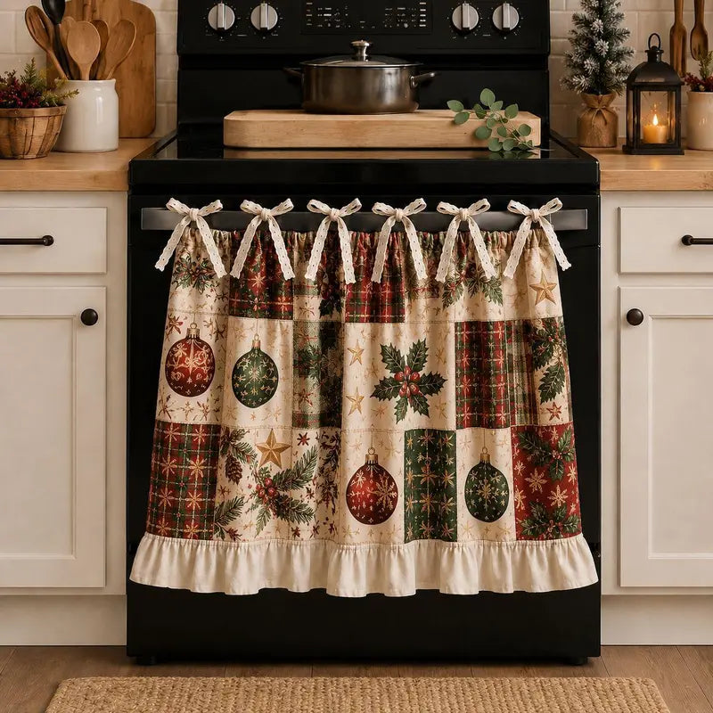 Christmas Stove Skirt, Patchwork Oven Curtain with Bow Tie Ties