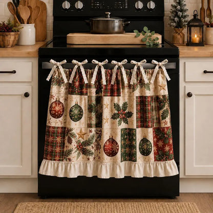 Christmas Stove Skirt, Patchwork Oven Curtain with Bow Tie Ties