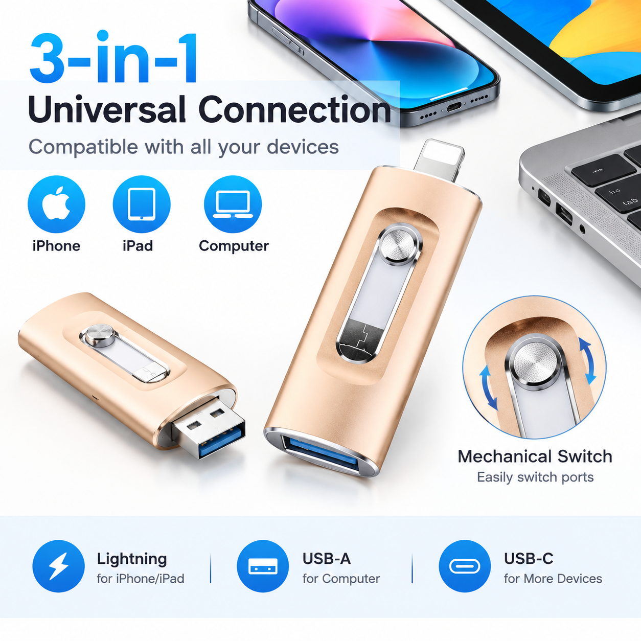 3-in-1 High-Capacity USB Drive with Fingerprint Security – Retractable Lightning & USB-A Memory Stick