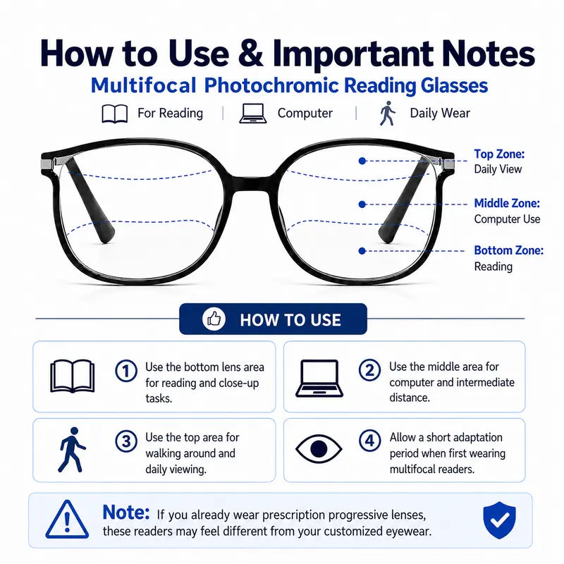 Progressive Multifocal Reading Glasses Photochromic Blue Light Filtering Readers