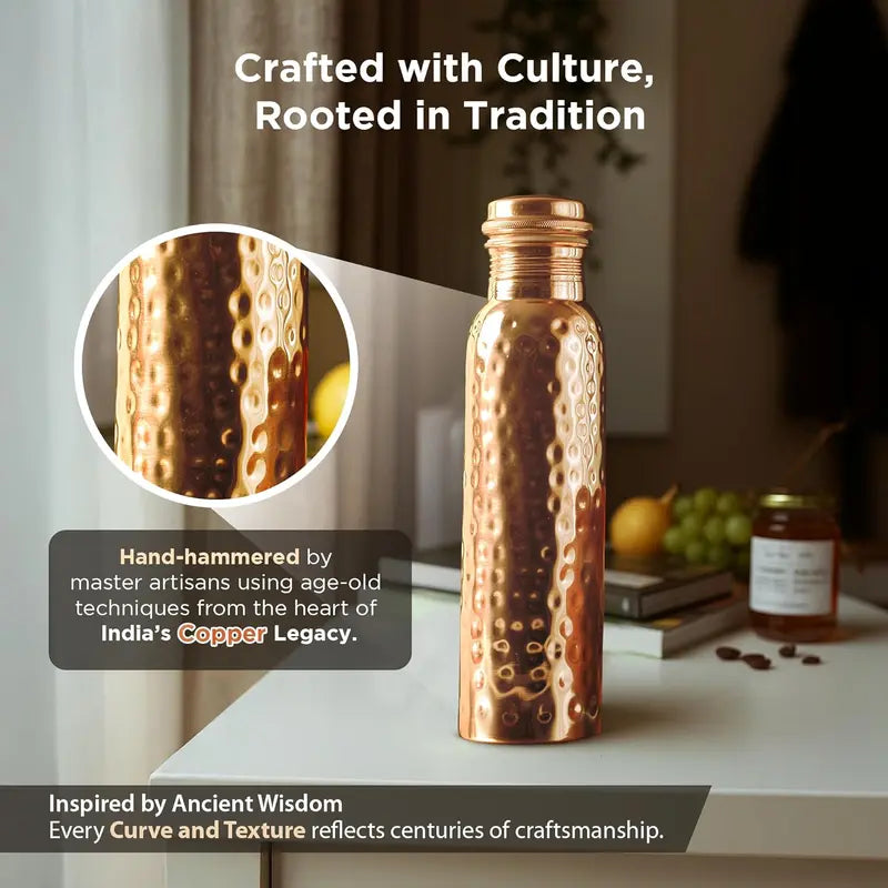 Copper Water Bottle 28.15 Ounces | 100% Pure Copper Hammered Design Handmade For Drinking Water