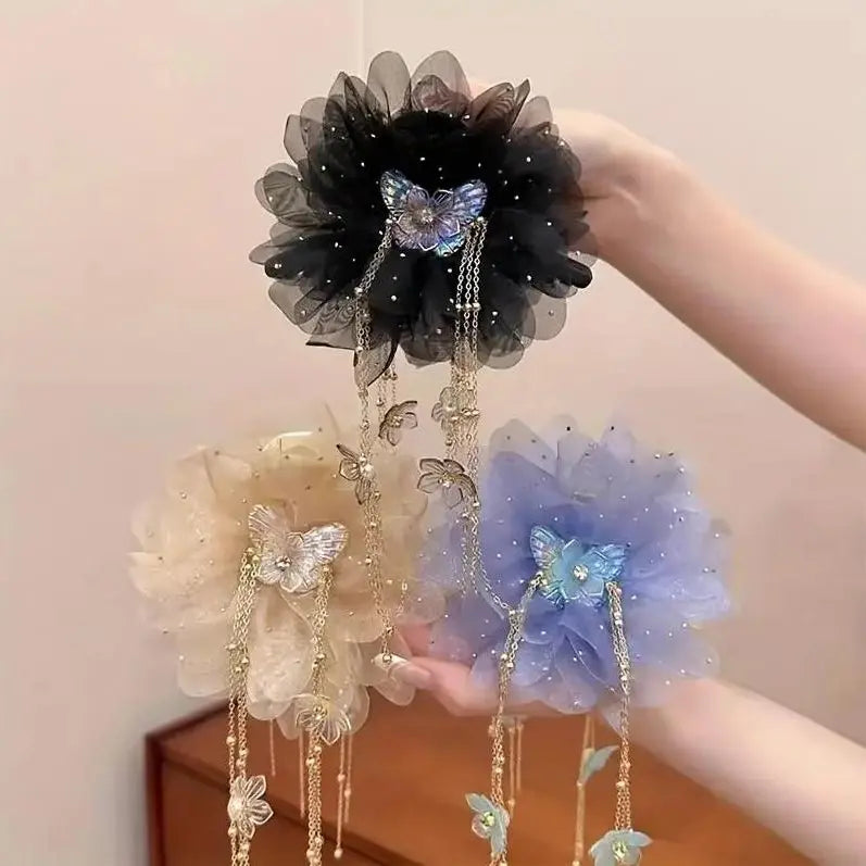 3-Piece Butterfly Tassel & Tulle Peony Hair Clip Set, Non-Slip Claw Clip