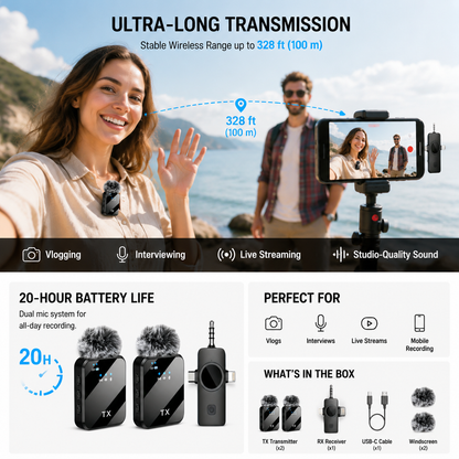 3 in 1 Wireless Lavalier Microphone for iPhone/Android/Camera,328ft Transmission, 18H Battery Life