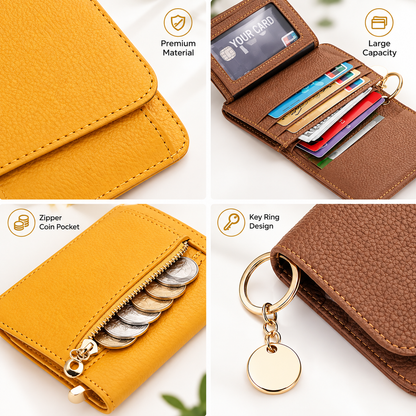 Small Wallet for Women RFID Blocking Genuine Leather Card Case Slim Tri-Fold Wallet with Zipper Pocket and Keychain