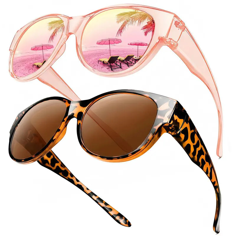 2PCS Women's Fit-Over Prescription Sunglasses - Oversized Square Full-Rim Polarized Frames