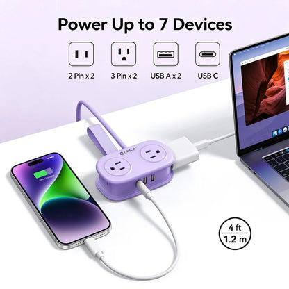 ORICO Purple Travel Power Strip with 4 AC Outlets 3 USB Ports