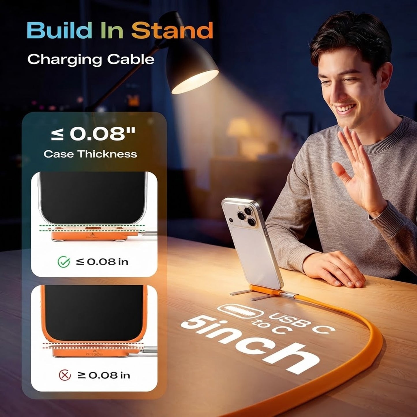 240w Stand Data Cable Invisible Foldable Holder Charger Cable with Stand,5 FT USB C to USB C Fast Charging Cable