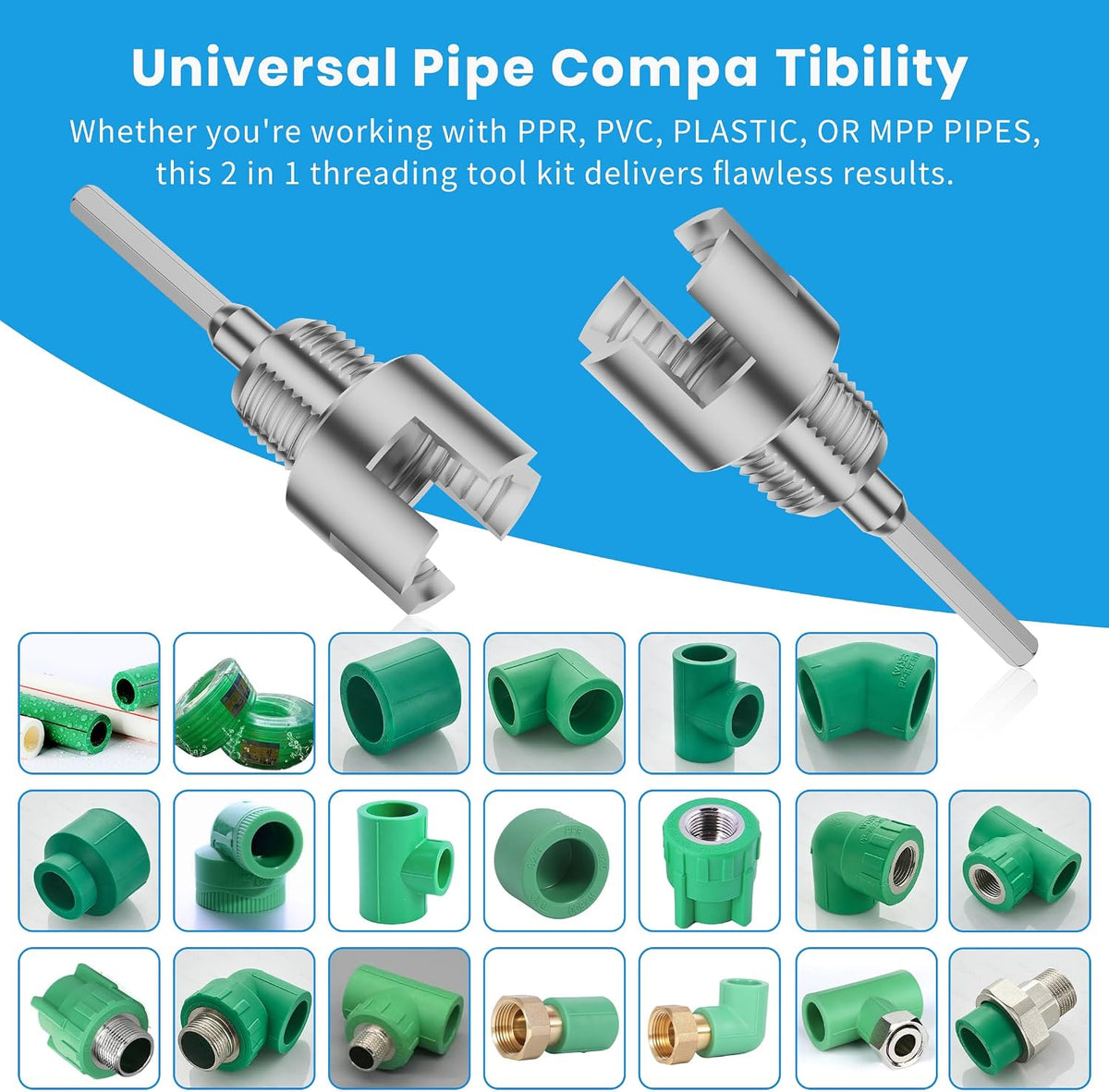 ２PCS Plastic Pvc Pipe Threader Set - 1/2" 3/4" Pipe Thread Cutting Tool, Primary