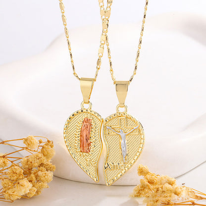 Virgen De Guadalupe Necklace Set Matching Heart Cross Pendant