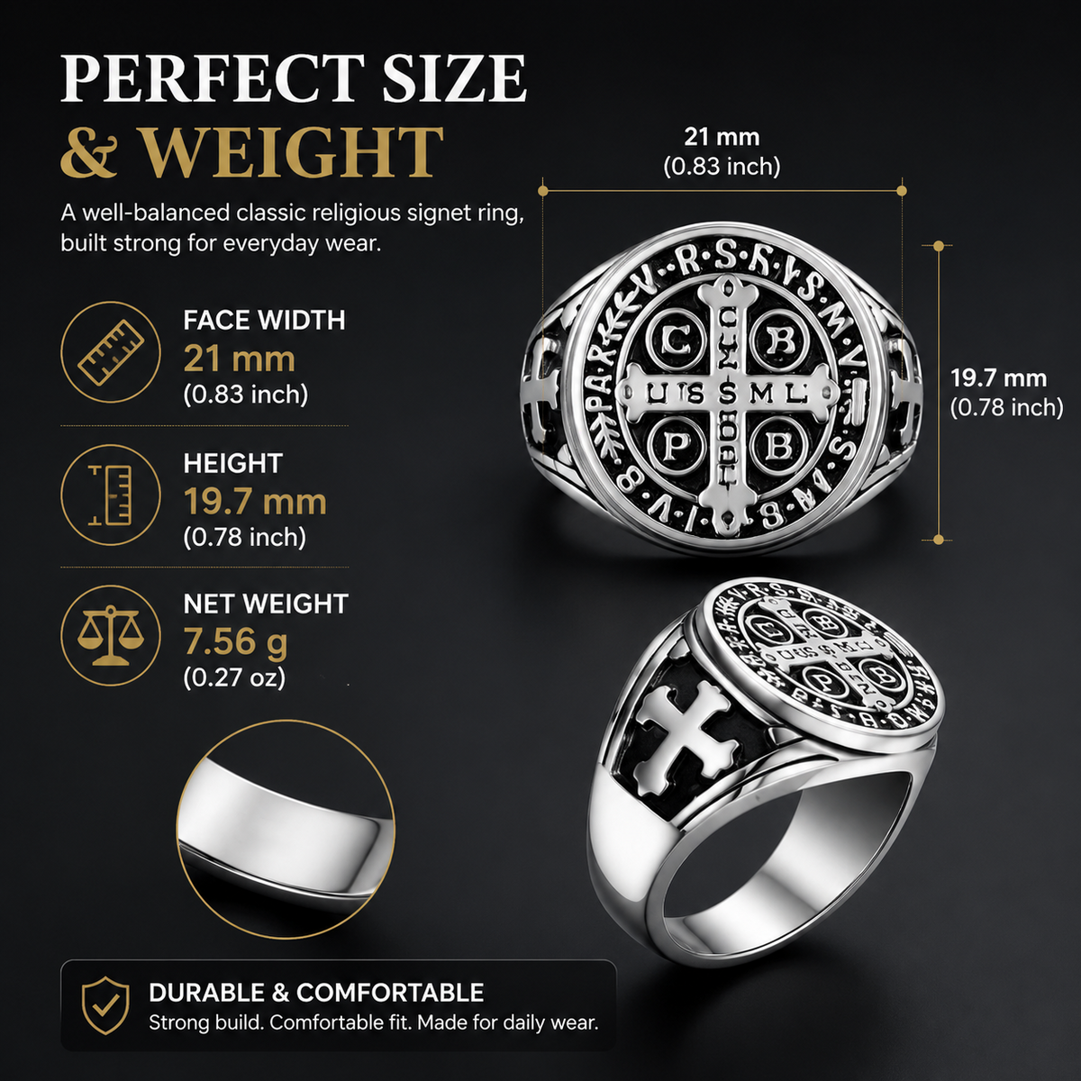 St Benedict Exorcism Ring Stainless Steel Catholic Roman Cross Demon Protection Ghost Hunter